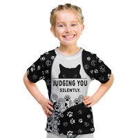 Judging You Silently Kid T Shirt Black Cat Playful Monochrome Paw Print