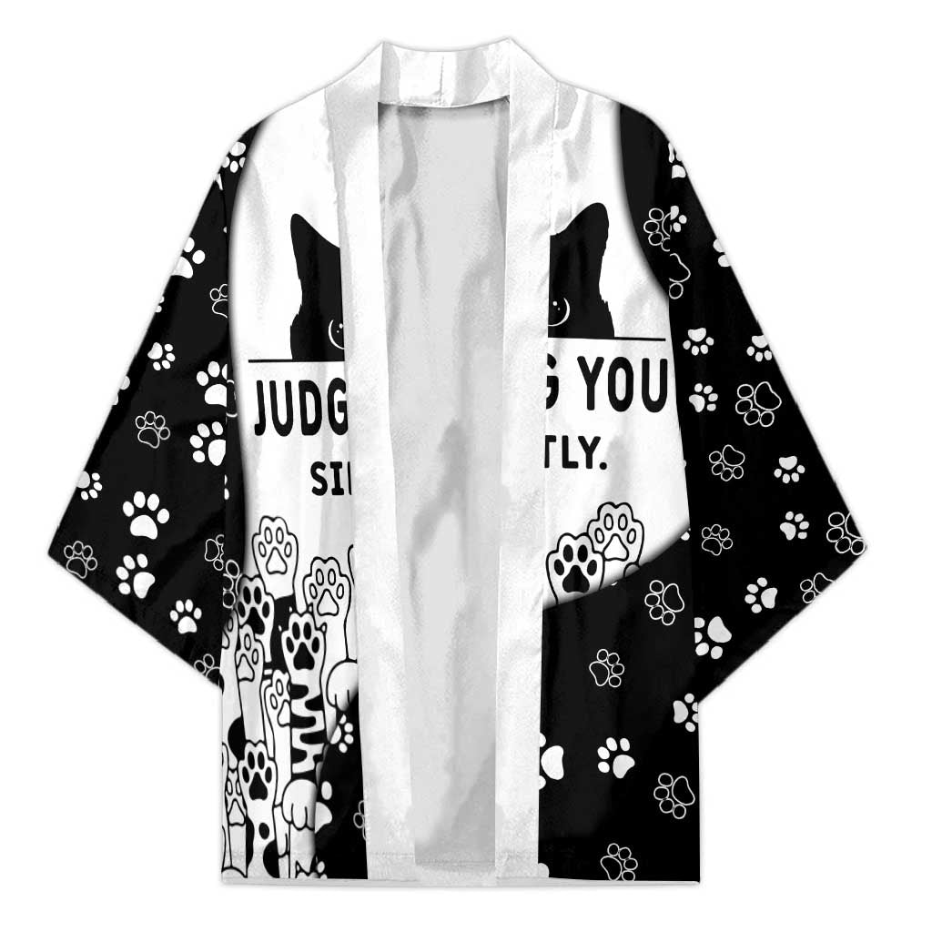 Judging You Silently Kimono Black Cat Playful Monochrome Paw Print