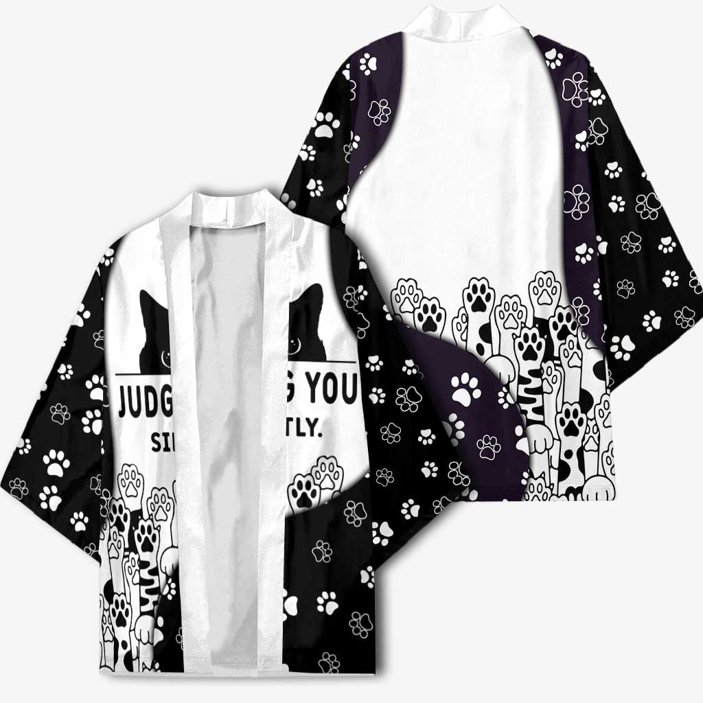 Judging You Silently Kimono Black Cat Playful Monochrome Paw Print