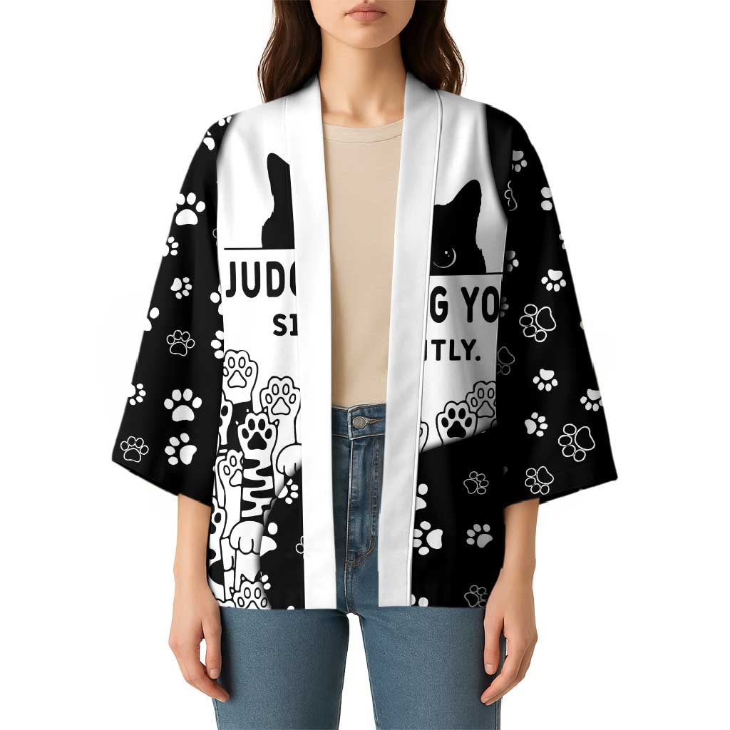 Judging You Silently Kimono Black Cat Playful Monochrome Paw Print