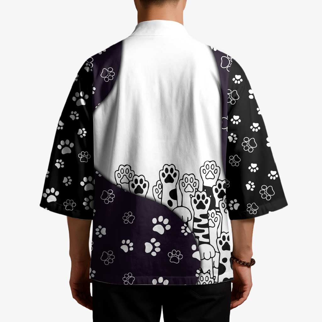 Judging You Silently Kimono Black Cat Playful Monochrome Paw Print