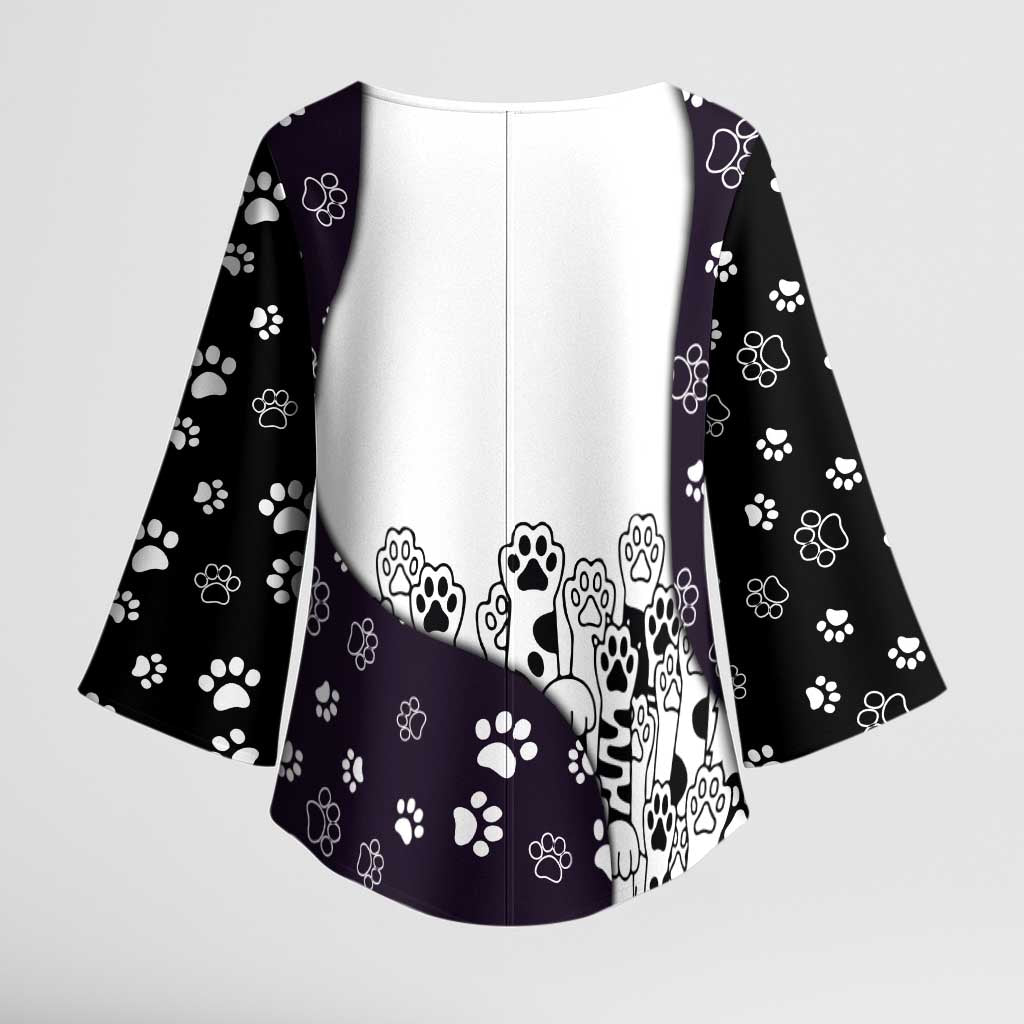 Judging You Silently Kimono Sleeve Blouse Black Cat Playful Monochrome Paw Print