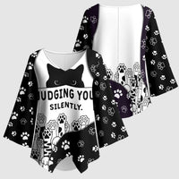 Judging You Silently Kimono Sleeve Blouse Black Cat Playful Monochrome Paw Print