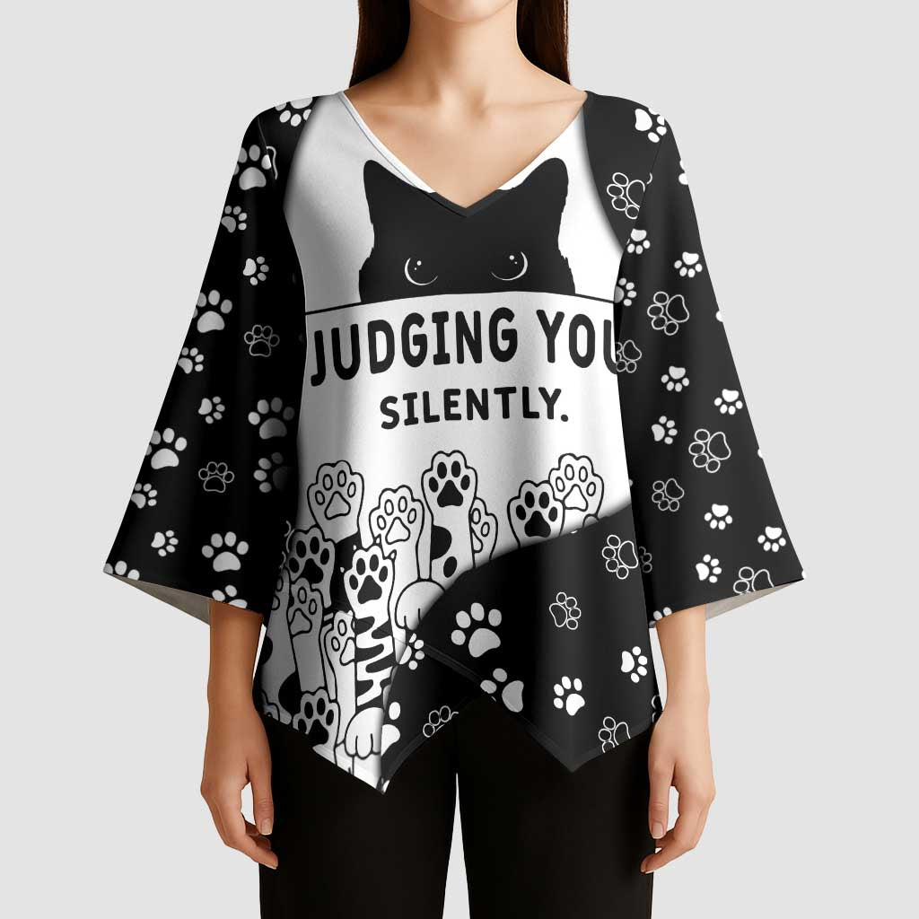Judging You Silently Kimono Sleeve Blouse Black Cat Playful Monochrome Paw Print