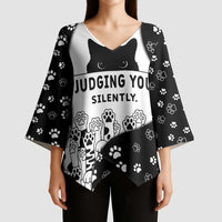 Judging You Silently Kimono Sleeve Blouse Black Cat Playful Monochrome Paw Print