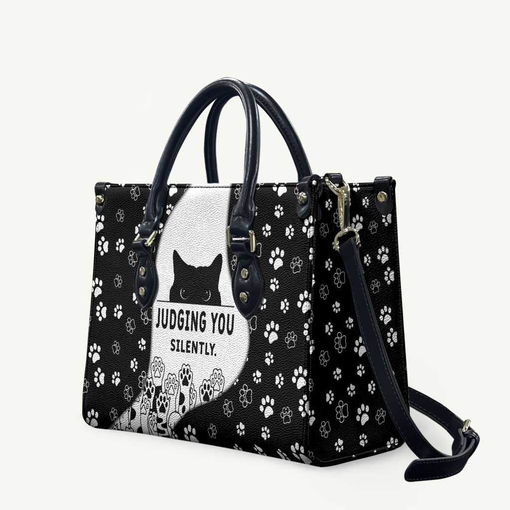 Judging You Silently Leather Bag Black Cat Playful Monochrome Paw Print