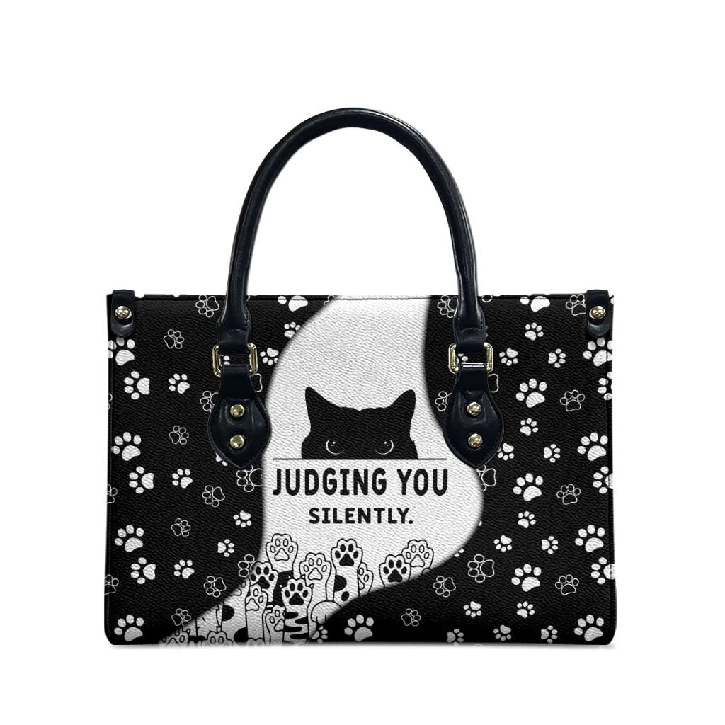 Judging You Silently Leather Bag Black Cat Playful Monochrome Paw Print