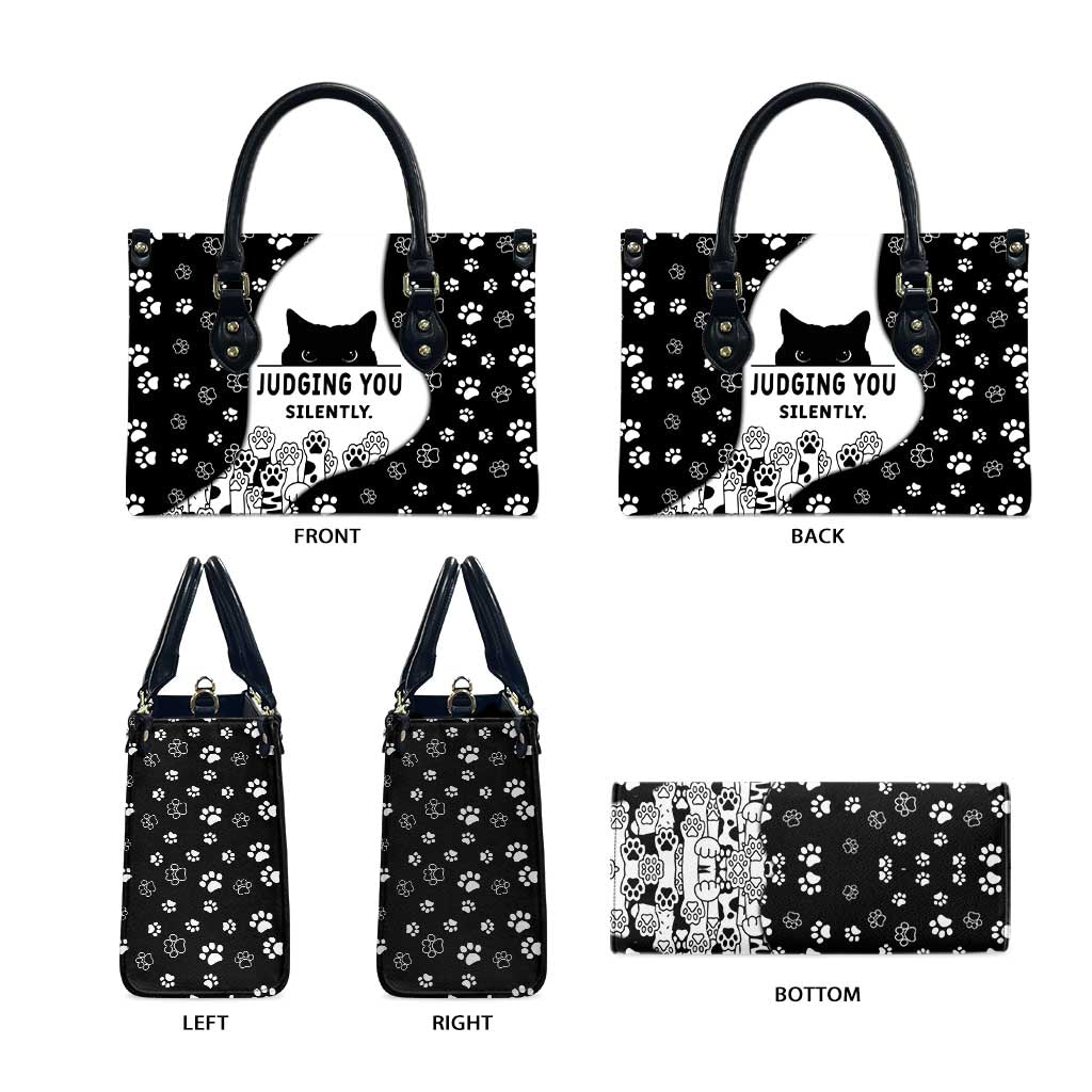 Judging You Silently Leather Bag Black Cat Playful Monochrome Paw Print