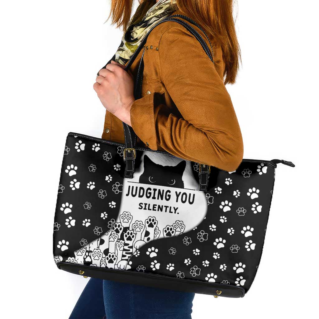 Judging You Silently Leather Tote Bag Black Cat Playful Monochrome Paw Print