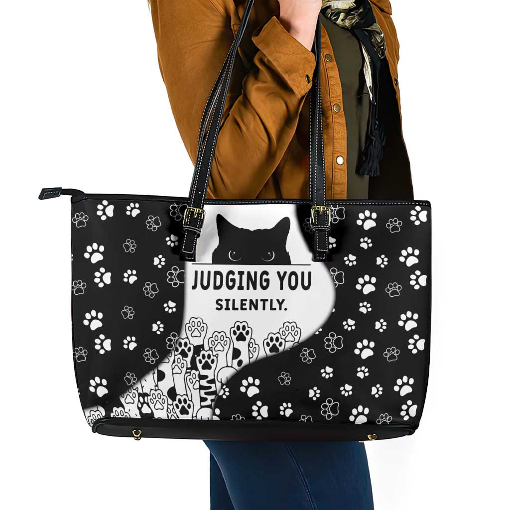 Judging You Silently Leather Tote Bag Black Cat Playful Monochrome Paw Print