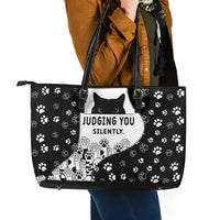 Judging You Silently Leather Tote Bag Black Cat Playful Monochrome Paw Print