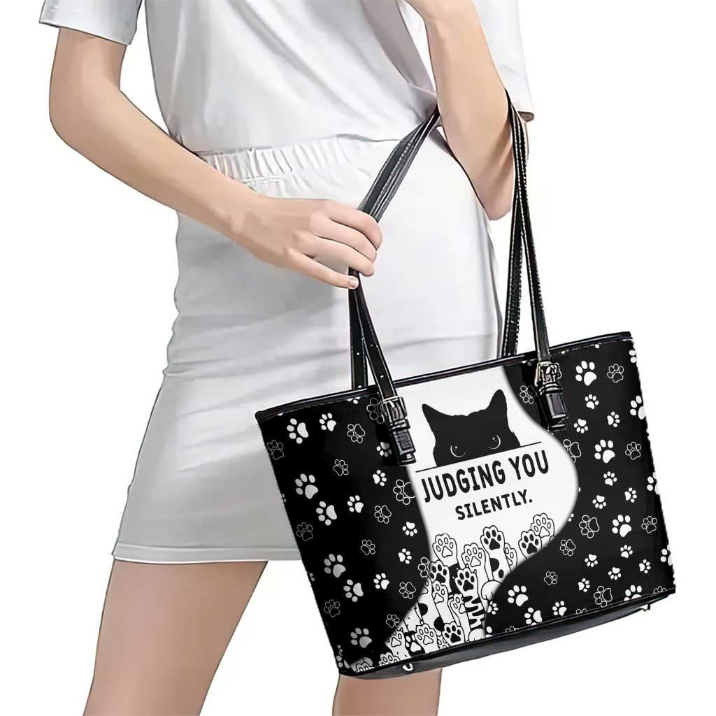 Judging You Silently Leather Tote Bag Black Cat Playful Monochrome Paw Print