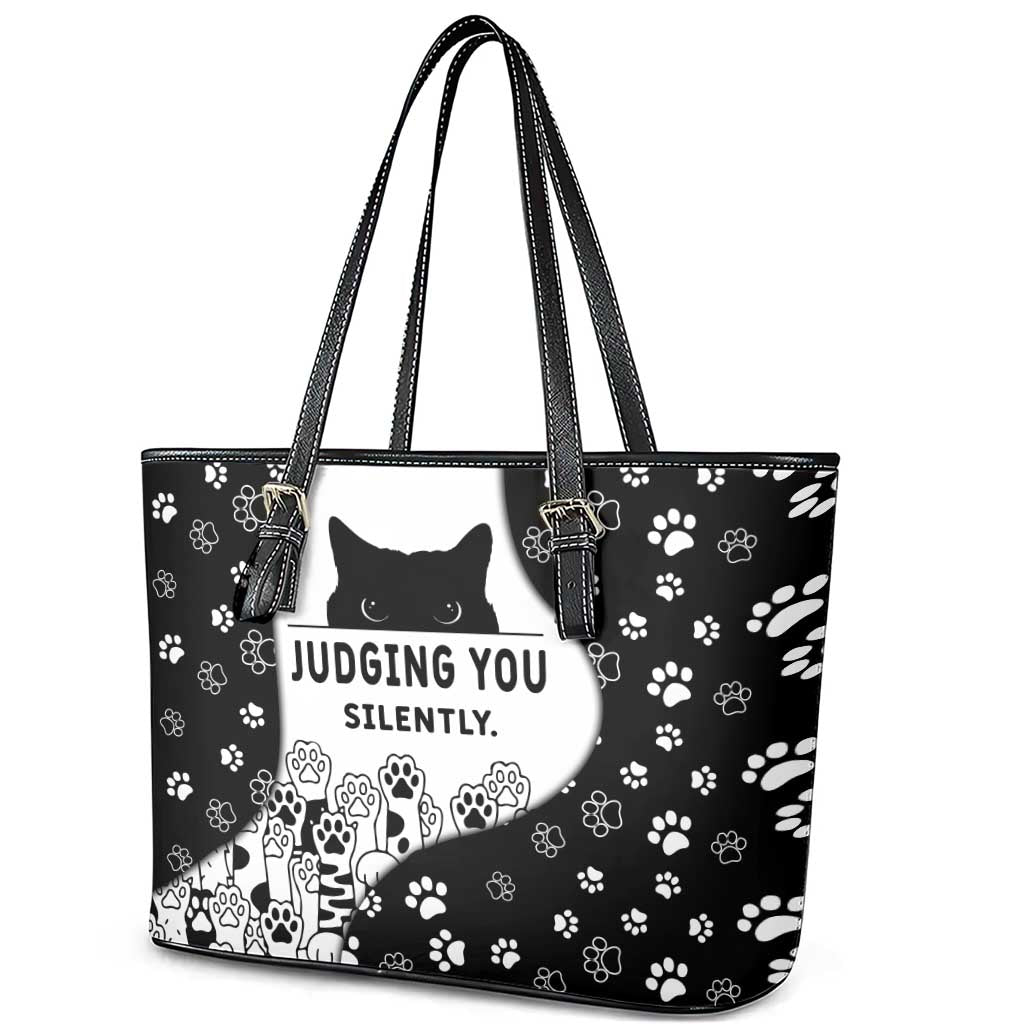 Judging You Silently Leather Tote Bag Black Cat Playful Monochrome Paw Print