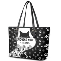 Judging You Silently Leather Tote Bag Black Cat Playful Monochrome Paw Print