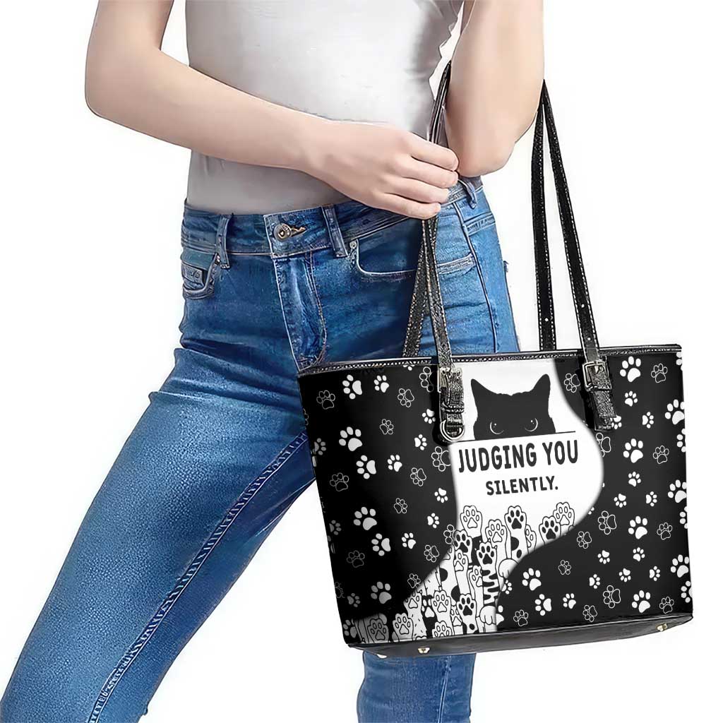 Judging You Silently Leather Tote Bag Black Cat Playful Monochrome Paw Print