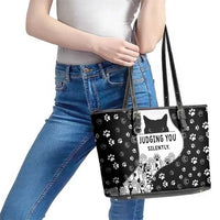 Judging You Silently Leather Tote Bag Black Cat Playful Monochrome Paw Print