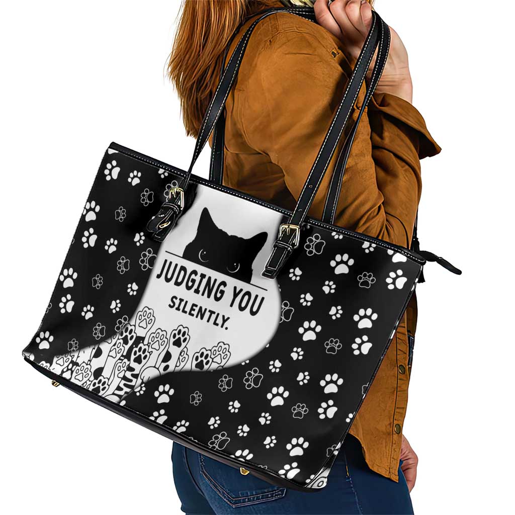 Judging You Silently Leather Tote Bag Black Cat Playful Monochrome Paw Print