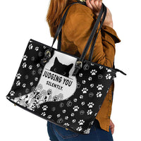 Judging You Silently Leather Tote Bag Black Cat Playful Monochrome Paw Print
