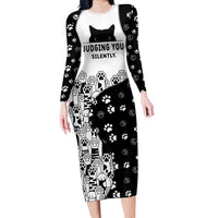 Judging You Silently Long Sleeve Bodycon Dress Black Cat Playful Monochrome Paw Print