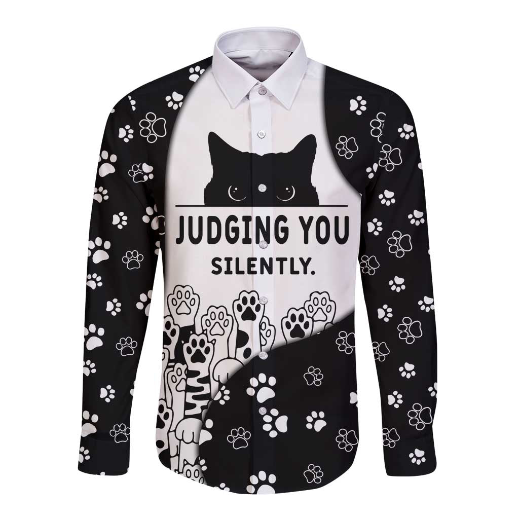 Judging You Silently Long Sleeve Button Shirt Black Cat Playful Monochrome Paw Print