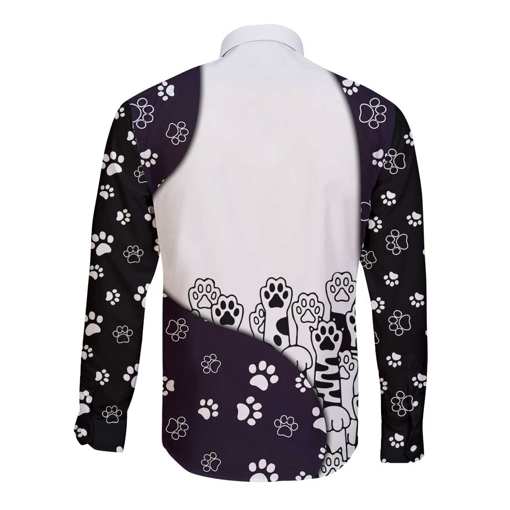 Judging You Silently Long Sleeve Button Shirt Black Cat Playful Monochrome Paw Print