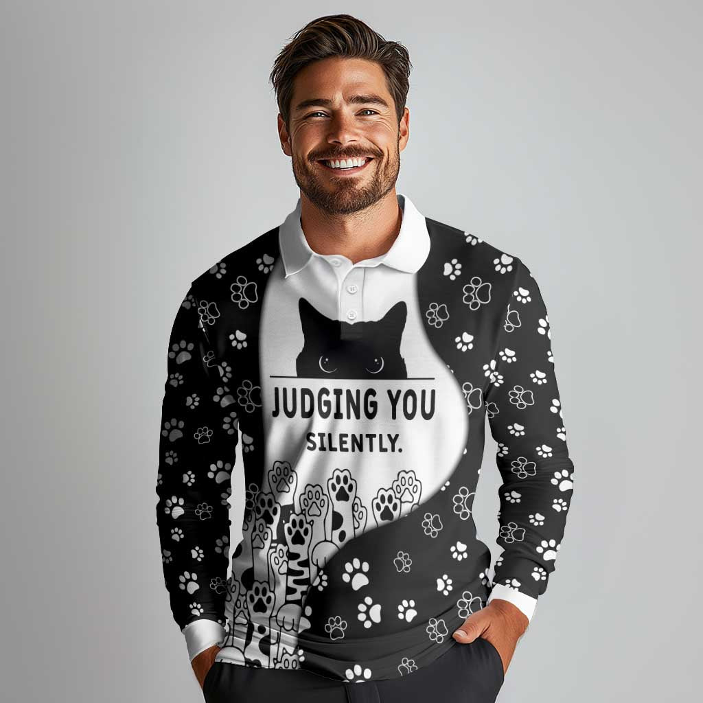 Judging You Silently Long Sleeve Polo Shirt Black Cat Playful Monochrome Paw Print