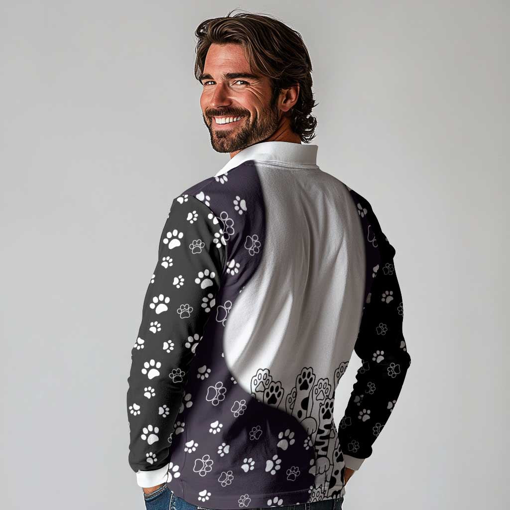 Judging You Silently Long Sleeve Polo Shirt Black Cat Playful Monochrome Paw Print