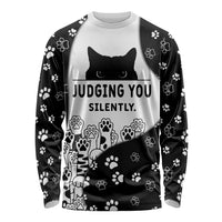 Judging You Silently Long Sleeve Shirt Black Cat Playful Monochrome Paw Print