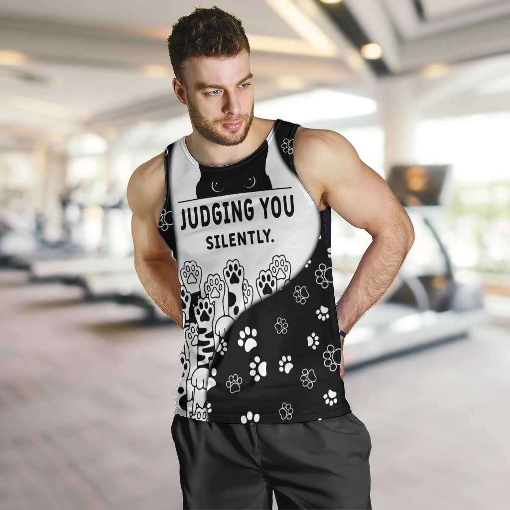 Judging You Silently Men Tank Top Black Cat Playful Monochrome Paw Print