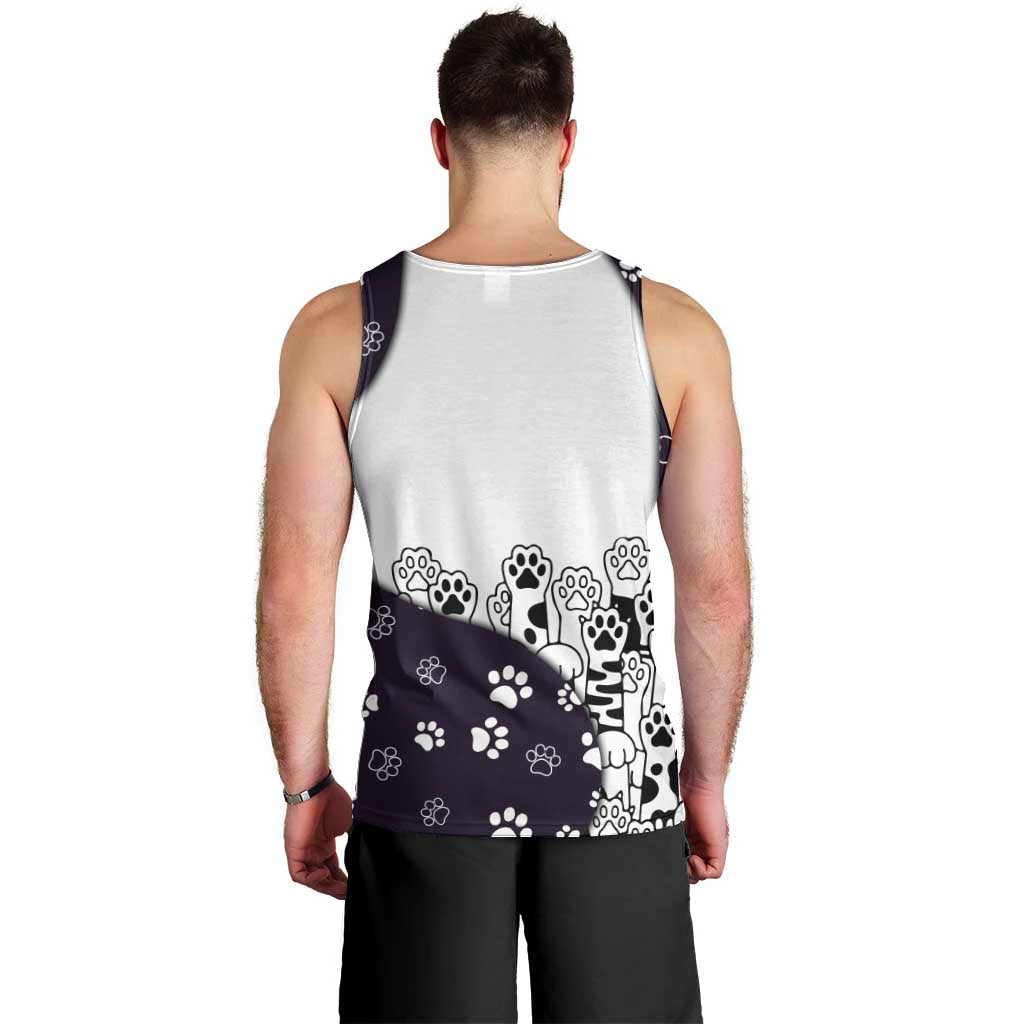 Judging You Silently Men Tank Top Black Cat Playful Monochrome Paw Print