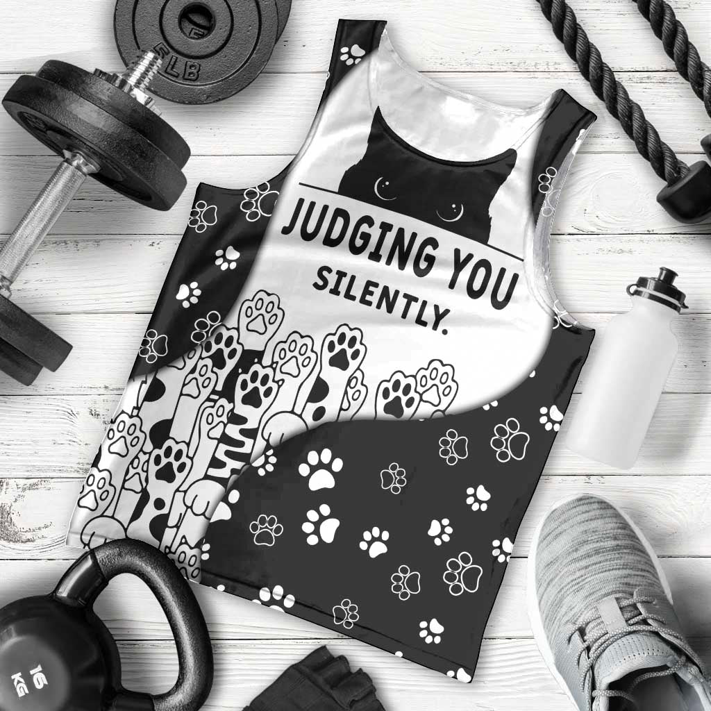 Judging You Silently Men Tank Top Black Cat Playful Monochrome Paw Print