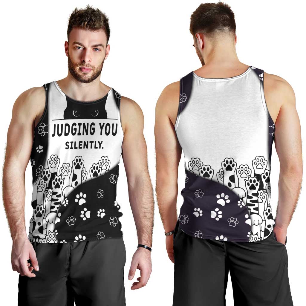 Judging You Silently Men Tank Top Black Cat Playful Monochrome Paw Print