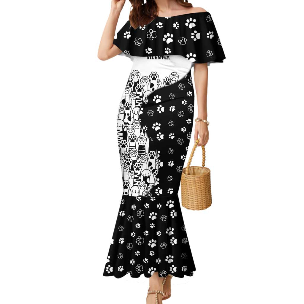 Judging You Silently Mermaid Dress Black Cat Playful Monochrome Paw Print