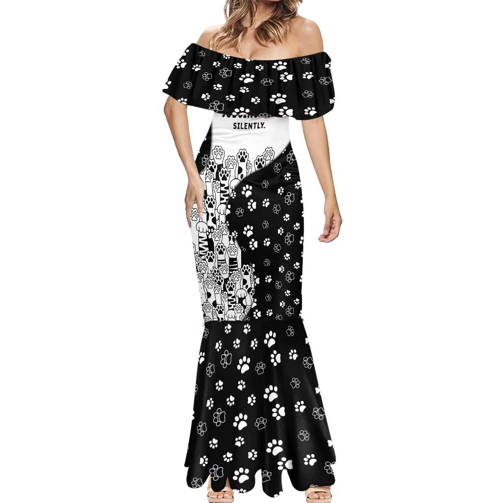 Judging You Silently Mermaid Dress Black Cat Playful Monochrome Paw Print