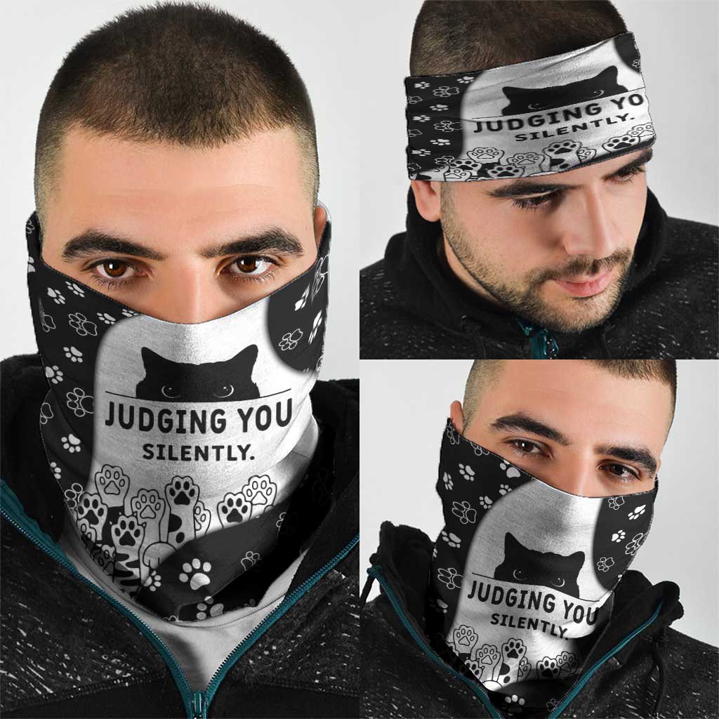 Judging You Silently Neck Gaiter Black Cat Playful Monochrome Paw Print