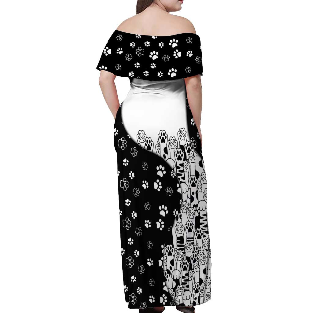Judging You Silently Off Shoulder Maxi Dress Black Cat Playful Monochrome Paw Print