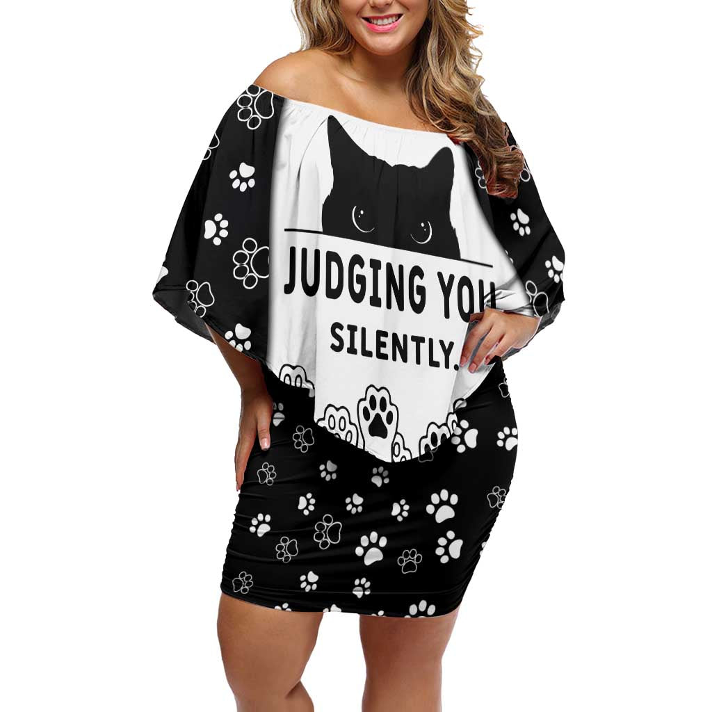 Judging You Silently Off Shoulder Short Dress Black Cat Playful Monochrome Paw Print