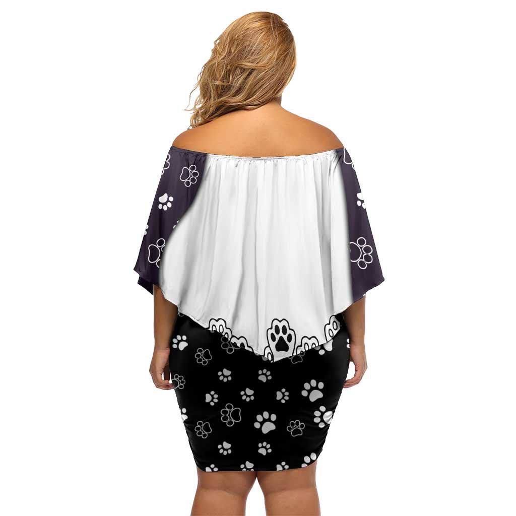 Judging You Silently Off Shoulder Short Dress Black Cat Playful Monochrome Paw Print