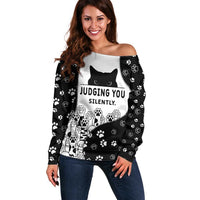 Judging You Silently Off Shoulder Sweater Black Cat Playful Monochrome Paw Print
