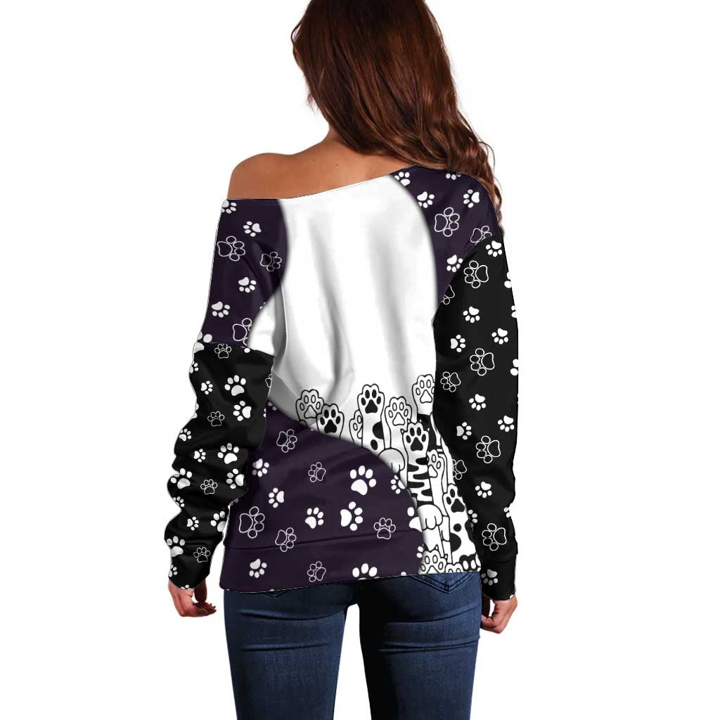 Judging You Silently Off Shoulder Sweater Black Cat Playful Monochrome Paw Print