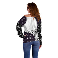 Judging You Silently Off Shoulder Sweater Black Cat Playful Monochrome Paw Print
