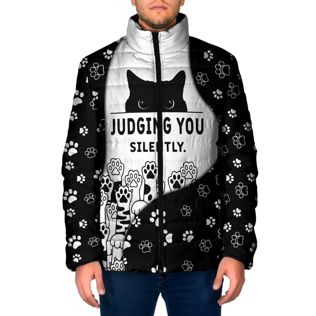 Judging You Silently Padded Jacket Black Cat Playful Monochrome Paw Print