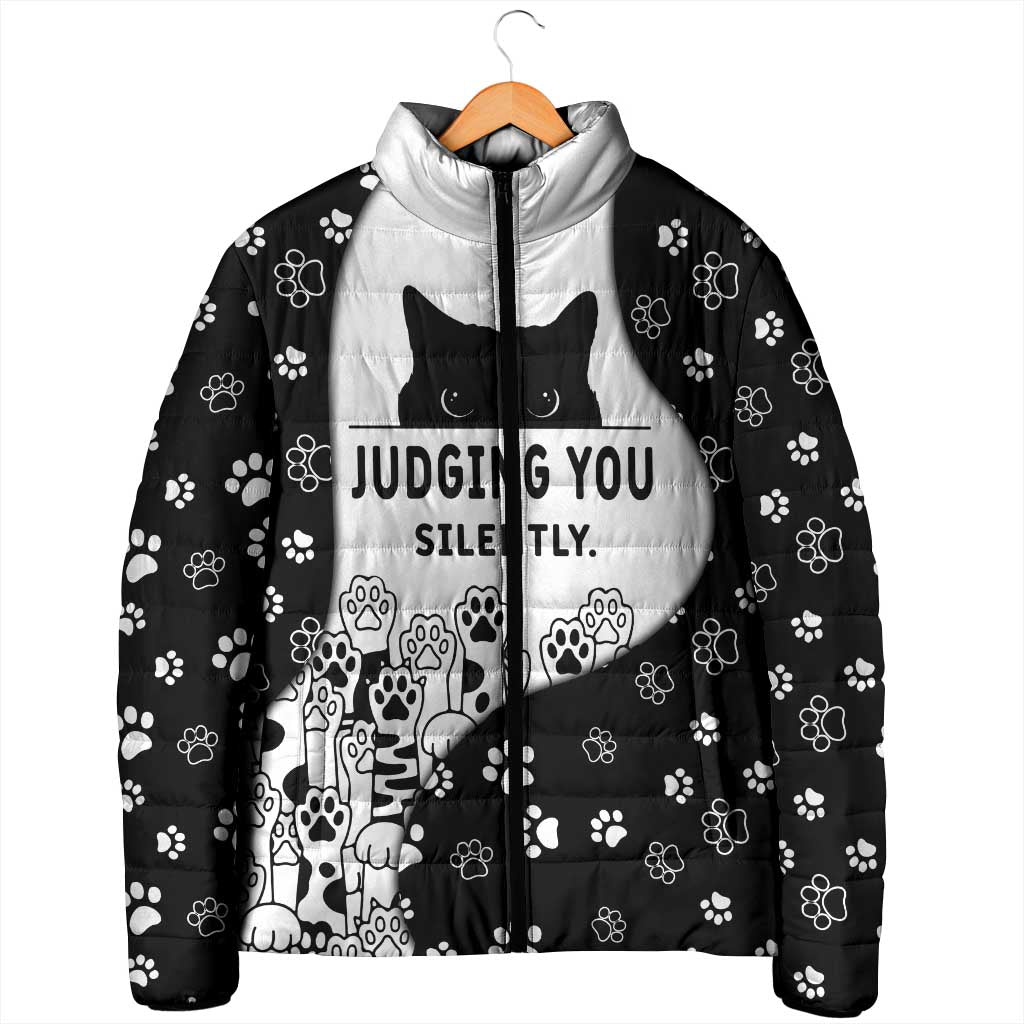 Judging You Silently Padded Jacket Black Cat Playful Monochrome Paw Print