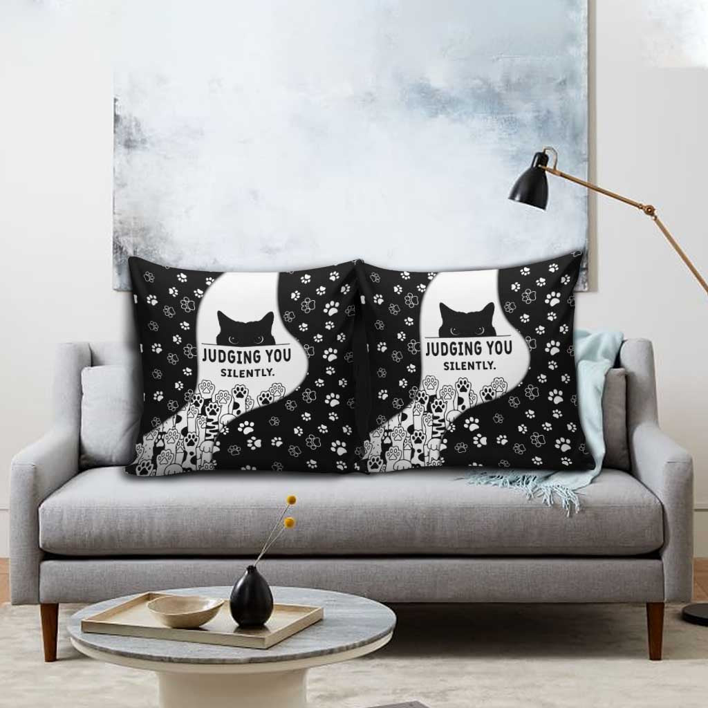 Judging You Silently Pillow Cover Black Cat Playful Monochrome Paw Print