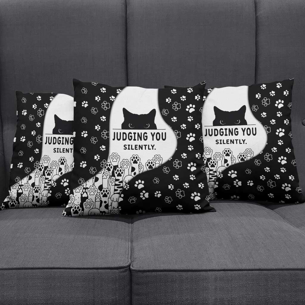 Judging You Silently Pillow Cover Black Cat Playful Monochrome Paw Print