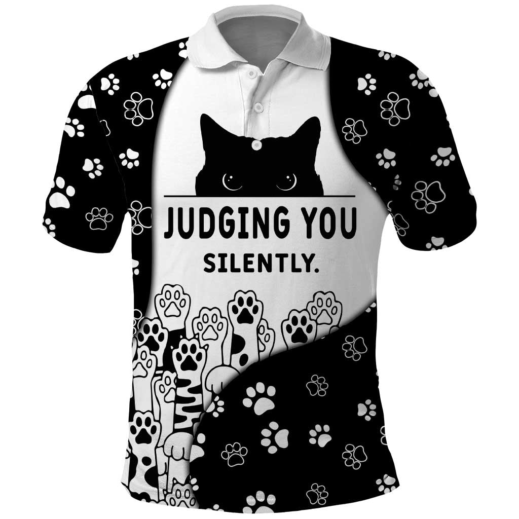 Judging You Silently Polo Shirt Black Cat Playful Monochrome Paw Print