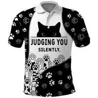 Judging You Silently Polo Shirt Black Cat Playful Monochrome Paw Print