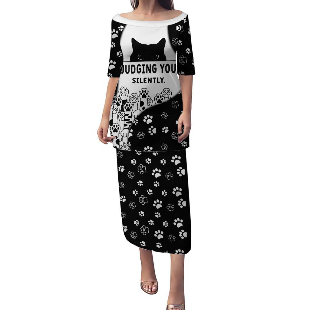 Judging You Silently Puletasi Black Cat Playful Monochrome Paw Print