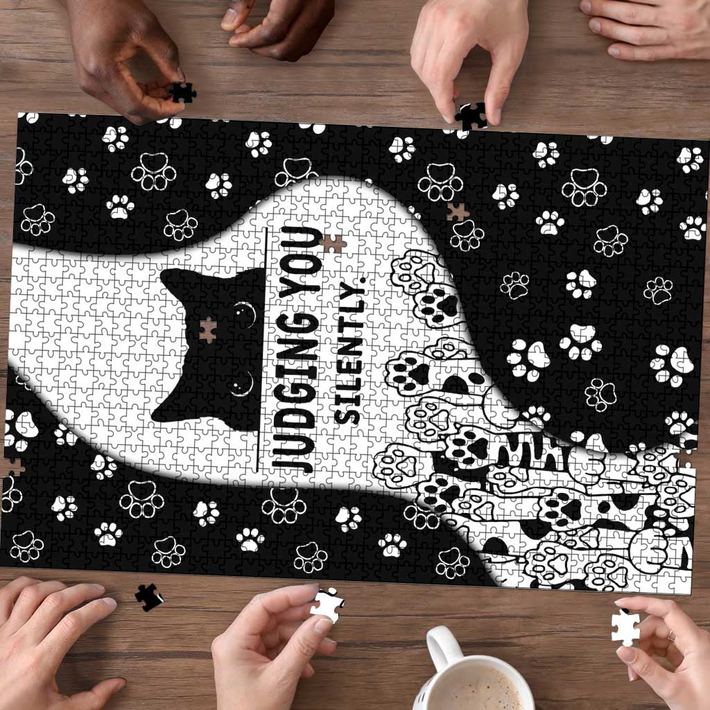 Judging You Silently Puzzle Black Cat Playful Monochrome Paw Print