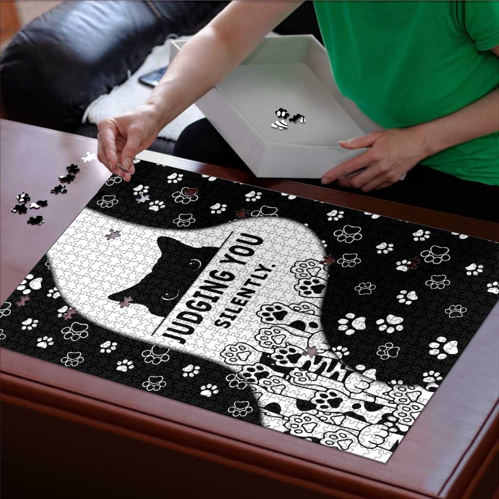 Judging You Silently Puzzle Black Cat Playful Monochrome Paw Print
